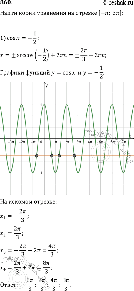 Изображение 860. С помощью графика синуса или косинуса найти все корни уравнения, принадлежащие промежутку [-пи; 3пи]:1) cosx = -1/2; 2) sinx = - корень 3/2....