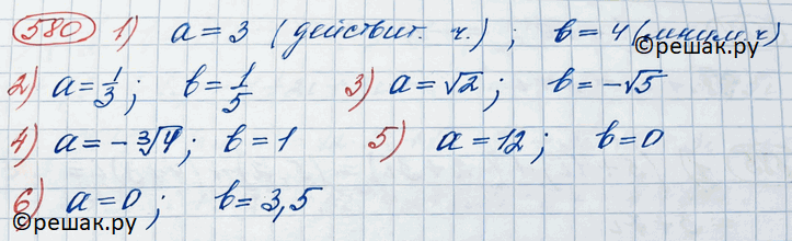 Изображение 580. (Устно.) Назвать действительную и мнимую части комплексного числа:1) 3 + 4i;	2) 1/3 + 1/5*i;	3) корень 2 - корень 5i;4) - корень 3 степени 4 + i;	5)...