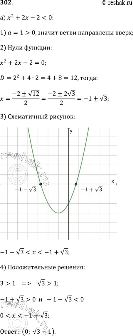 Изображение 302.а) Найдите положительные решения неравенства х^2 + 2х - 2 < 0.б) Найдите отрицательные решения неравенства x^2 - 2x - 1 >...