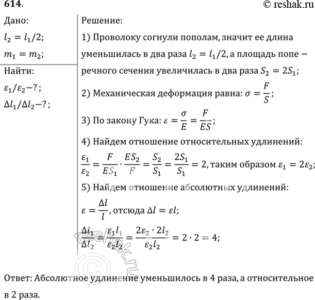 Изображение К проволоке был подвешен груз. Затем согнули пополам и подвесили тот же груз. Сравнить абсолютное и относительное удлинения проволоки в обоих...