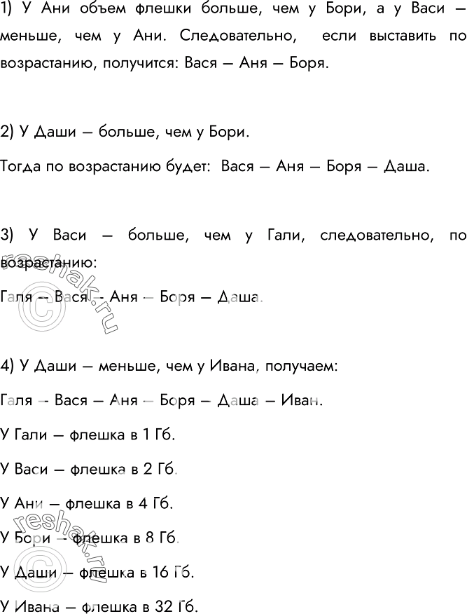 Изображение 27.	Шестиклассники Аня, Боря, Вася, Галя, Даша и Иван получили в подарок флешки на 1, 2, 4, 8, 16 и 32 Гб. Выясните, кто из ребят получил флешку самого большого и кто —...