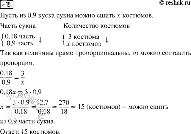 Изображение 15. На пошив 3 костюмов пошло 0,18 куска сукна. Сколько таких же костюмов можно сшить, если израсходовать 0,9 этого куска...